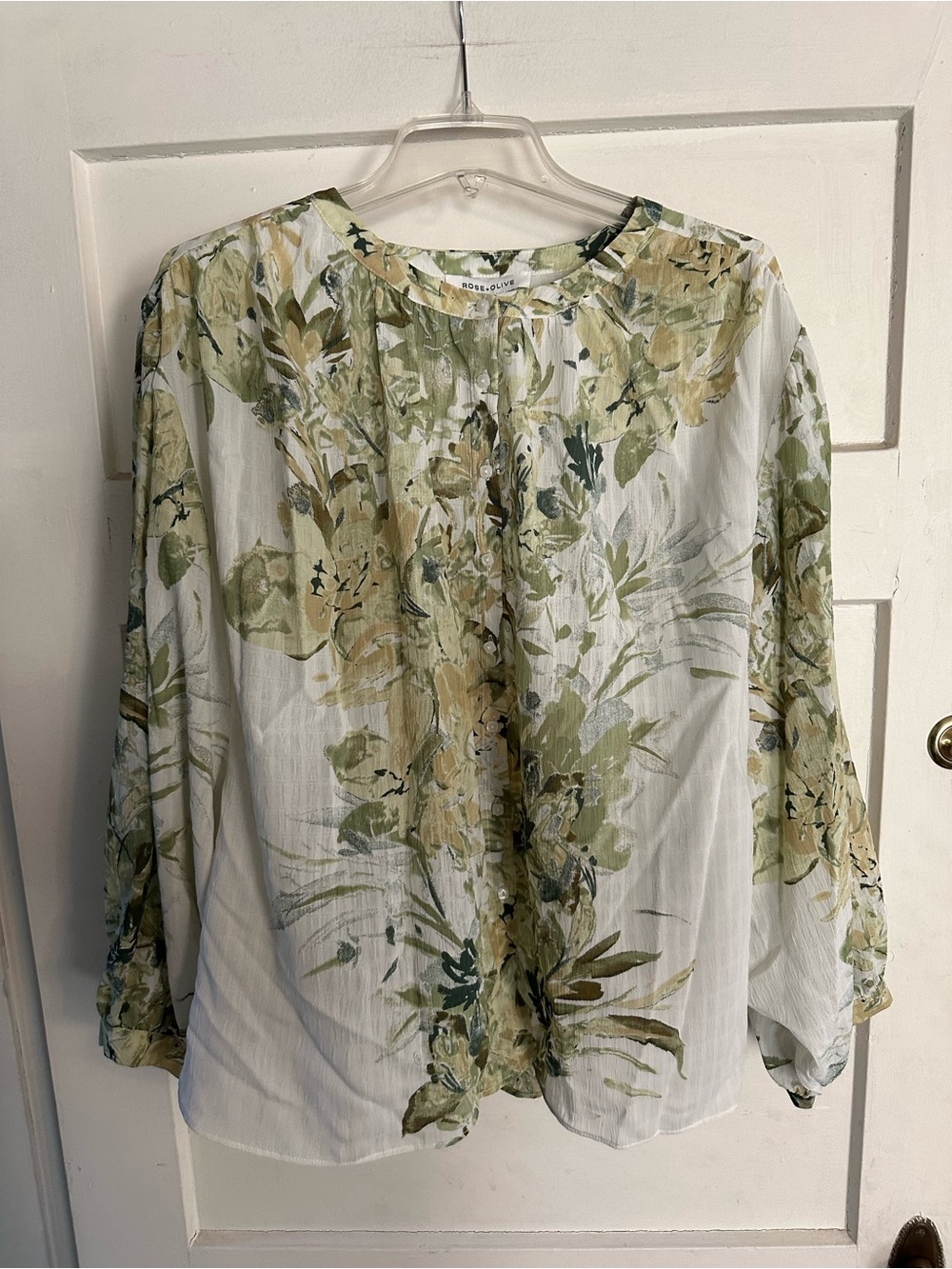 Rose & Olive White Floral Button-Front Blouse with Green and Tan Print
